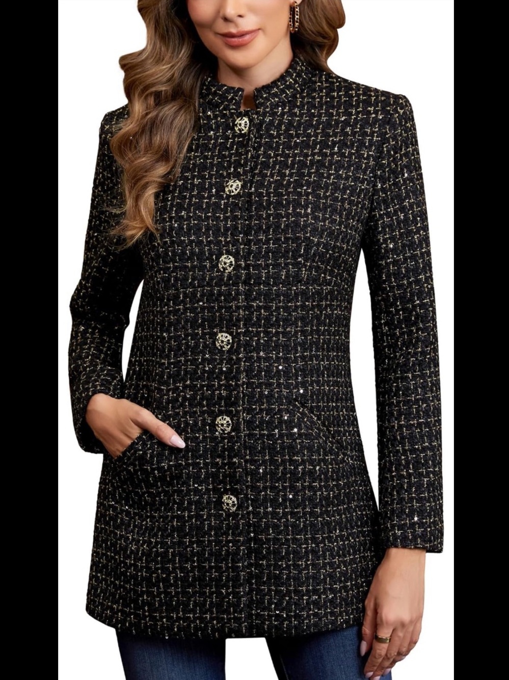 Tweed Black Gold Metallic Button Coat Jacket woven - NEW w tags Large